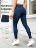 Women's Washed Blue Faux Denim Ankle Leggings High Stretch Pants for Jogging Light Hikes Low-Impact Fitness Daily Wear