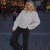Autumn Grey Woolen Short Overcoats Elegant Female Lapel Full Sleeves Cropped Jacket Lady Commute High Street Outerwear