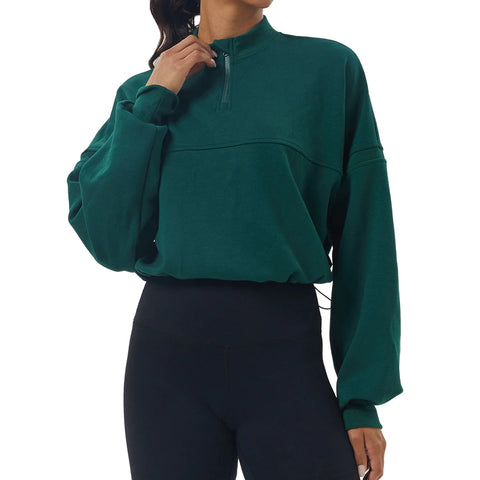 Long Sleeve Sweatshirt Women Solid Color Loose Half Zipper Gym Coat Breathable Oversize Running Top Female Workout Clothes