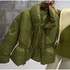 Glossy Stand‑Collar Drawstring Waist Back Zip‑Up Puffer Coat Winter Women Warm Padded Jacket Lady Cotton‑Padded Coat