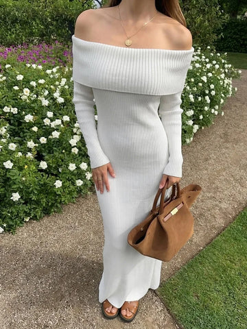 Knit Long Dress Off-Shoulder Female Ribbed Loose High Waist Elegant Autumn Party Dress Ladies Knitwear Maxi Dress
