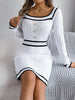 Autumn Winter Casual Elegant Square Collar Button Decoration Knitted Dress Long Sleeve Bodycon Dress for Women