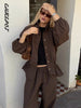 Women's Trousers 2 Pcs Sets Stand Collar Long Sleeve Single Breasted Pleated Ruffles Coats Lantern Pants Autumn Lady Outfits
