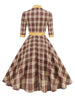 Mock Neck Bowknot Plaid 50s Vintage Dresses for Women 3/4 Length Sleeve Autumn Winter Elegant Pockets Midi Dresses