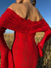 White Maxi Wedding Guest Dress Women Elegant Off The Shoulder evening party dresses red lace flare sleeve dress