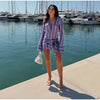 Women Chic Vacation Outfits Striped Print Sheer Chiffon Shirt Casual Turn-down Collar Mini Dress & Detachable Scarf