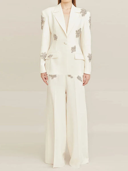 Designer Suit Women Beaded Diamonds Single Button Suit Blazer Wide-leg Pants Set 2PCS