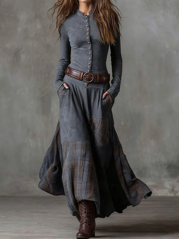 Stand Collar Plaid Patchwork Maxi Dress Women Autumn Winter Long Sleeve Elegant Party Dress Vintage Buttons Ladies Dress Vestido