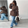 Elegant Women's Padded Jacket With Belt Winter Lace Up Waist Cinching V Neck Warm Coats Lady Casual Street Outerwear