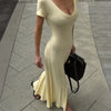 Ribbed Knit Maxi Dress For Women Deep V-Neck Slim High Slit Elegant Patchwork Commute Party Dress Women Knitwear Dress