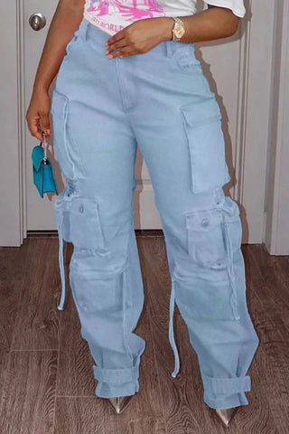 Plus Size Cargo Denim Jeans Pockets Buttons Women Jeans Pant High Waist Casual Streetwear Vintage Hip Hop Trousers Pant