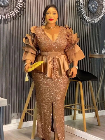 Plus Size Sequin Evening Wedding Party Long Dress Dashiki Ankara Outfits Robe Africa Clothing African Dresses for Women