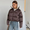 Solid Hooded Cropped Puffer Jacket Women Stand Collar Snap Button Loose Long Sleeve Jackets Winter Casual Warm Padded Coat