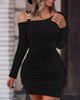 Women Knit Cold Shoulder Long Sleeve Bodycon Dress With Metal Buckle Detail Ruched Waist Slim Fit Mini Dress For Party Cl