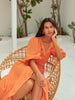 100% Cotton V-neck Waist Cinched Dress Unique Lantern Sleeve Sexy Slit Long Skirt Women's Casual Dresses