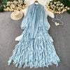 Retro Elegant V-neck ruffle lace-up pleated long sleeve A-line Casual High Waist Dress Women Autumn Dress