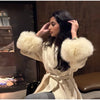 Lace-Up Long Overcoat Women's Coat Office Lady Elegant Woolen Furry Patchwork Long Sleeve Coats Loose Cardigan Jackets