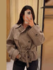Checkered Women Short Trench Coat Lapel Double‑Breasted Belted Waist Jacket Autumn Retro Lady Outerwear