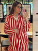 Vintage Contrast Striped Coat Pants Suit Women Chic Zipper Elastic Waist Button Lantern Trouser Suit Autumn Daily Street Outfit