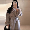 Lace-Up Long Overcoat Women's Coat Office Lady Elegant Woolen Furry Patchwork Long Sleeve Coats Loose Cardigan Jackets
