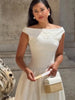 Minimalist White Boat Neck Midi Dress Women Elegant Cap Sleeve A-line Flare Eyelet Embroidery Vestido Wedding Formal Party Gown