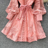 Women Elegant Floral Emboridery Dress Hollow Out Long Sleeve Single Breasted Belt French Court Chic Short A Line Dress