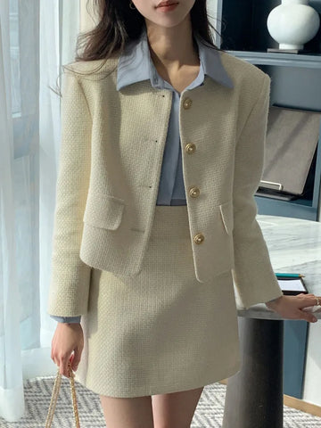 Korean Tweed Two Piece Set For Women Autumn Winter Elegant Long Sleeve Short Jacket Coat + Mini Skirt Suits OL