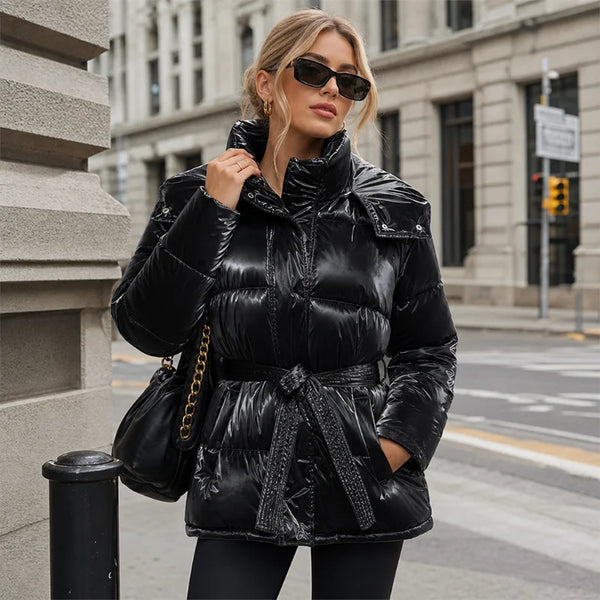 Shiny Stylish Women's Winter Jackets Hooded Waist-Defining Belt Thicken Pockets Full Sleeve Padded Coats Lady Jacket For Women