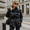 Shiny Stylish Women's Winter Jackets Hooded Waist-Defining Belt Thicken Pockets Full Sleeve Padded Coats Lady Jacket For Women