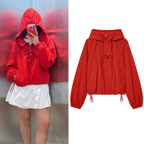 Women's Jacket Autumn Red Long-Sleeve Drawstring Decorative Festive Hoodie Zipper Cardigan Casual Versatile