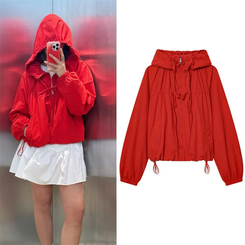 Women's Jacket Autumn Red Long-Sleeve Drawstring Decorative Festive Hoodie Zipper Cardigan Casual Versatile