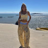 Floral Print Sweetheart Cami Crop Top Lace Up Wide Leg Pants Autumn Women Two Piece Outfit Street Ladies Casual Suit