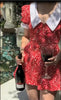Red Floral Print Peter Pan Collar Dress Women Puff Sleeve V Neck Button Down A-line Mini Dress Lady Weekend Getaway Robe