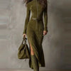 Casual O-neck Long Sleeve Suede Party Dress Elegant Side Split Solid Slim Long Dress Women With Belt Tie-Up Maxi Dress