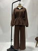 Women Casual Drawstring Waist Cinched Fleece 2 Piece Outfits Half Zip Stand Collar Sweatshirt Wide Leg Pants Set