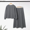 Women Autumn Pullover Sweatshirt and Elastic Waist A-Line Midi Skirt 2 Pieces Dress Sets Cozy Casual Solid Suits Outfits