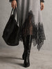 Vintage Loose Women Sweater Dress Gray Sequin Knit V‑Neck Lantern Sleeve Lace Splicing Irregular Hem Casual Party Midi Dresses