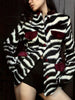 Zebra Striped Faux Fur Jacket Women Stand Collar Burgundy Velvet Patch Pocket Single Breasted Coat Autumn Street Jackets