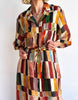 Spring Women's Casual Art Maxi Dress Colorful Patchwork Half Sleeves Shirt Collar Belted Waist Maxi Dress