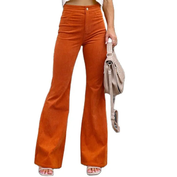 Corduroy Casual Trousers Women Autumn Winter Solid High-waist Flare Pants Lady Slim Black Gray Khaki Orange Long Pants