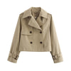 Autumn Women Solid Cropped Trench Coat Vintage Double Breasted Long Sleeve Short Jacket Lapel Collar Windbreaker