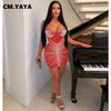 Women Rhinestones Drilling Mesh See Though Patchwork Midi Mini Dress Crystal Party Dresses Night Out Robes Vestidos