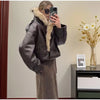 Ladies Winter Retro Fur Collar Leather Jacket V‑Neck Full Lapel Long Sleeve Double Breasted Urban Warm Casual Outer