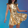 Women Metallic Shiny Dress Holographic Solid Color Turtleneck Pleated Dress Carnival Costume Gold Silver Rave Dress Outfits