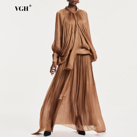 Minimalist Spliced Folds Maxi Dresses for Women Scarf Collar Lantern Sleeve Loose Waist Casual Temperament Dress Female