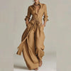 Vintage Solid High Waist Belted 2 Piece Sets Long Sleeve Button Lapel Shirt And Wide Leg Pants Woman Outfit Spring Vacation Suit
