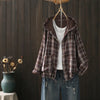 Womens Autumn Cotton Yarn Plaid Hooded Shacket Japanese Style Hooded Long Sleeve Shirt Jacket Outwear Cardigan