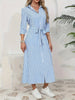 Women Blue White Vertical Striped Shirt Midi Dress Turn Down Collar Button Front Belt Waist Tie Waist 3/4 Sleeve Split