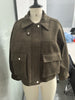 Women's Cropped Bomber Jacket Stand Collar Zipper Patch Pocket Rib Trim Long Sleeve Short Coat Vintage Autumn Casual Outfit