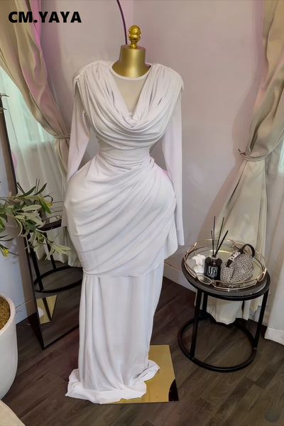 Women O-neck Pile Collar Long Sleeve Ruched Maxi Long Dress Spring Sexy Cocktail Birthday Holiday Party Dresses